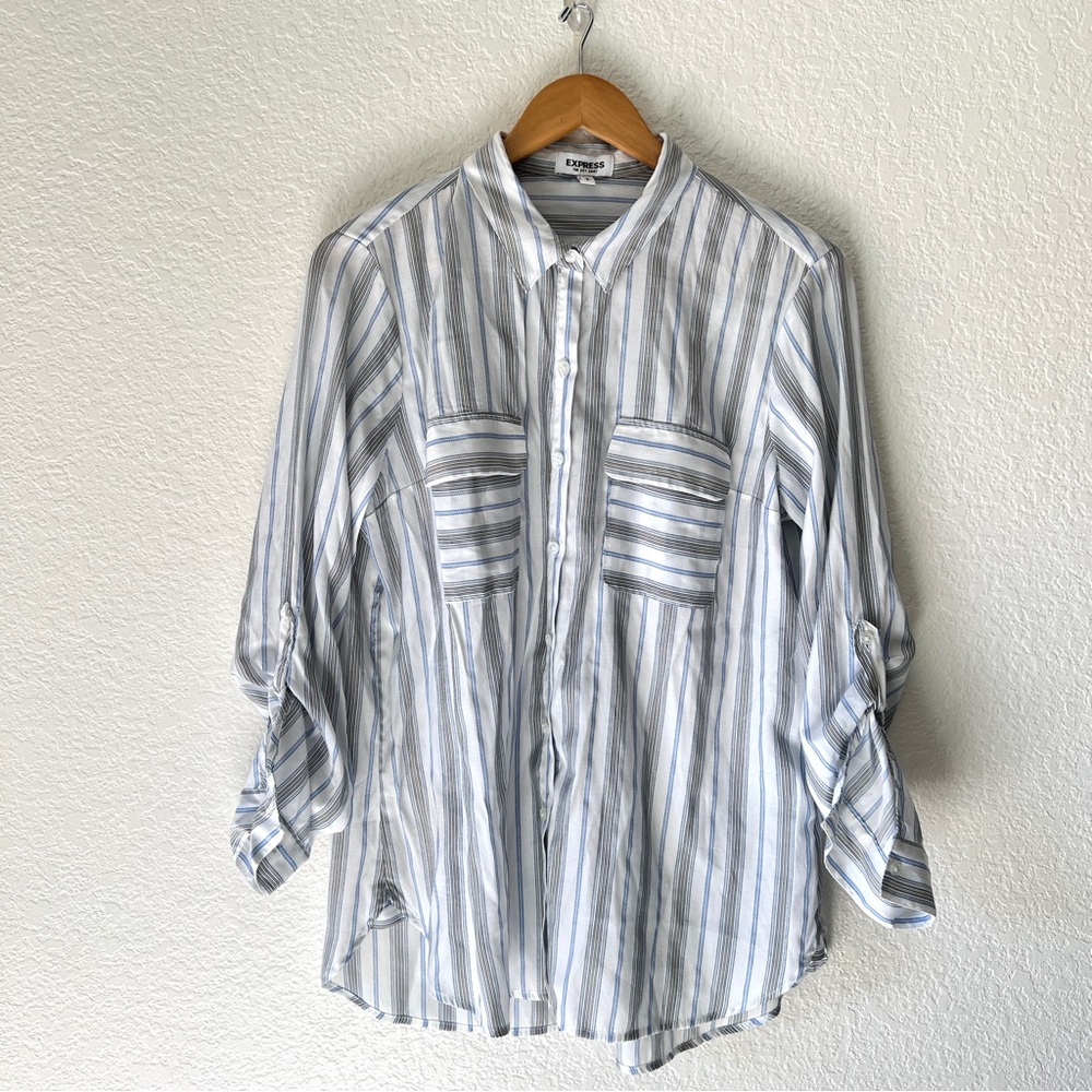 Express The City Shirt White & Blue Striped Long Sleeve Size Large